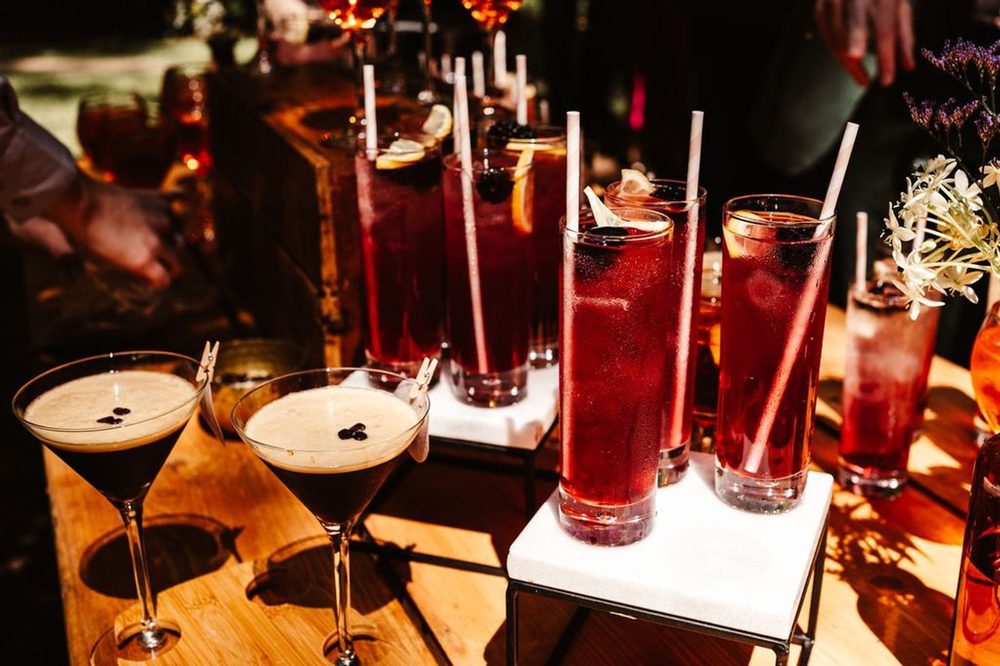 Cocktails ready to serve, including espresso martinis