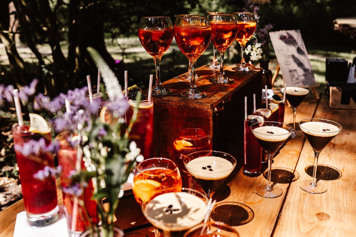 Espresso martinis lined up on the garden bar