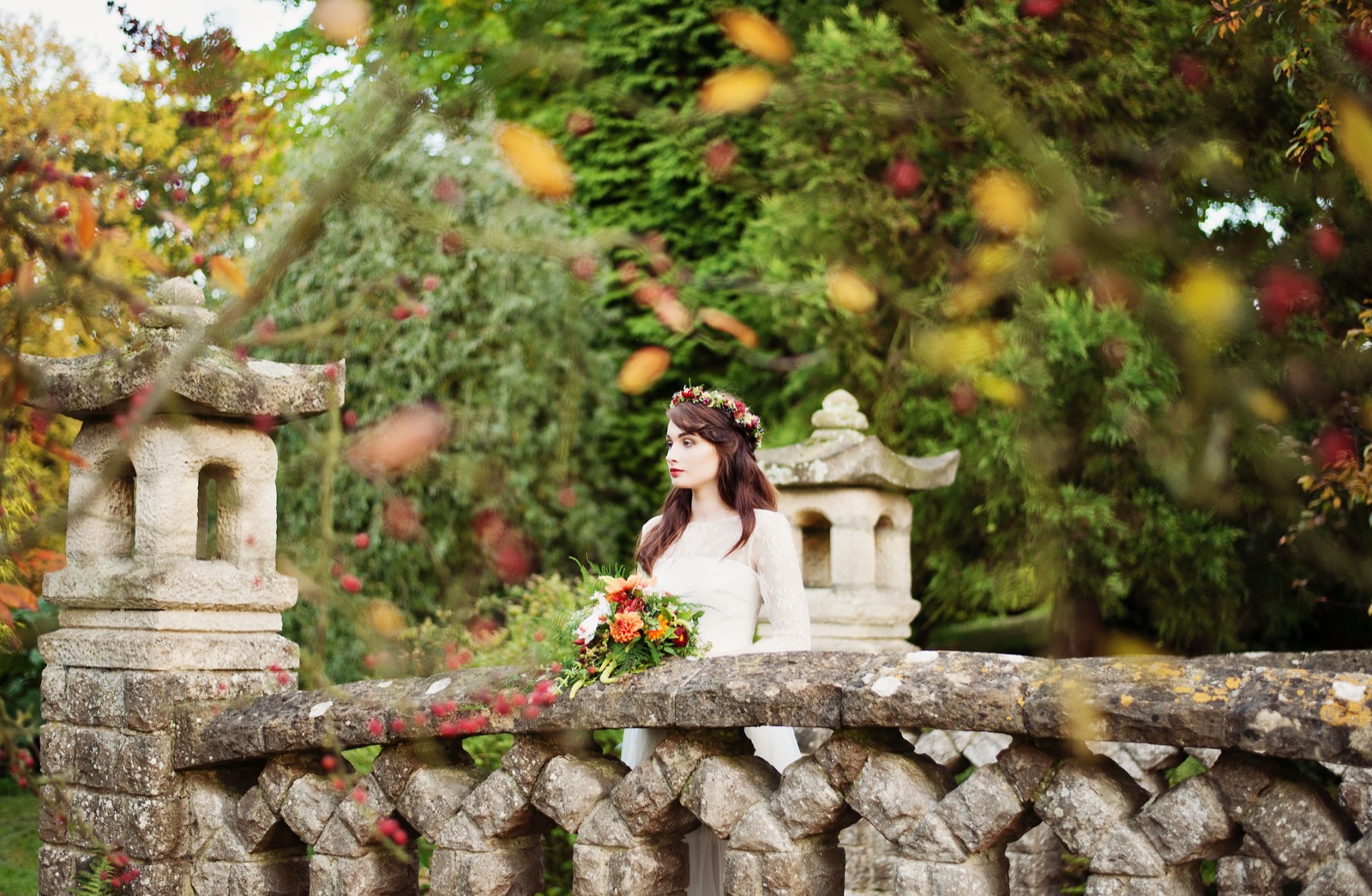 A bride beside the garden bridge at Mount Ephraim