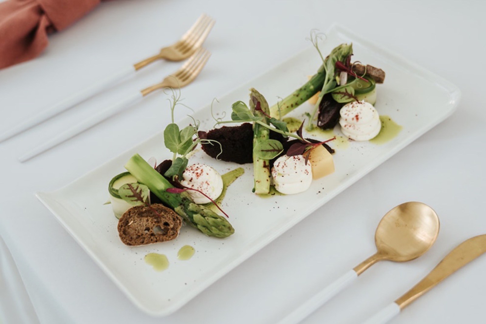 A plated starter with asparagus and leaves