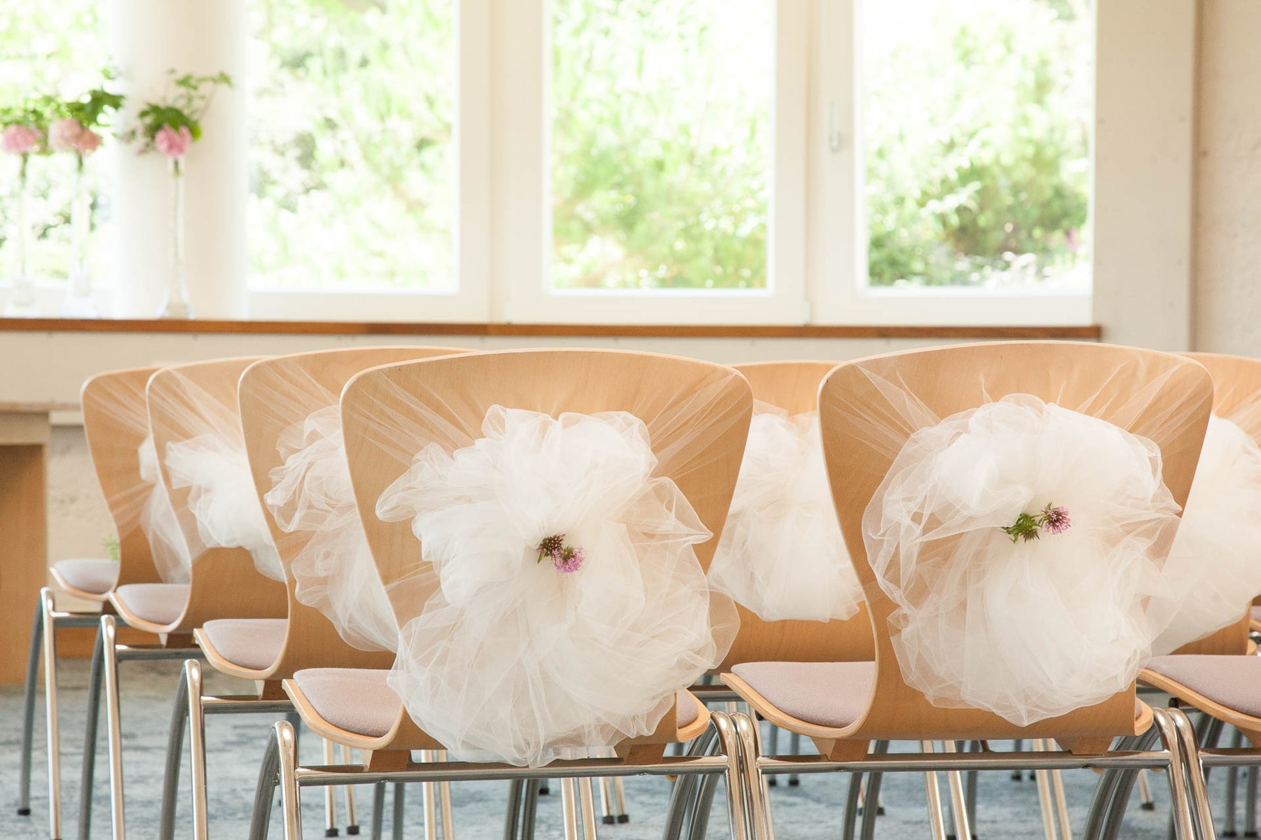 Decorated chairs in the reception room at The Pines Calyx