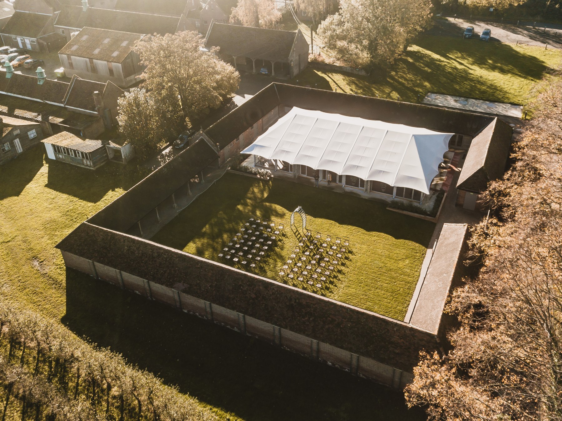 An aerial view of the courtyard and marquee at The Night Yard