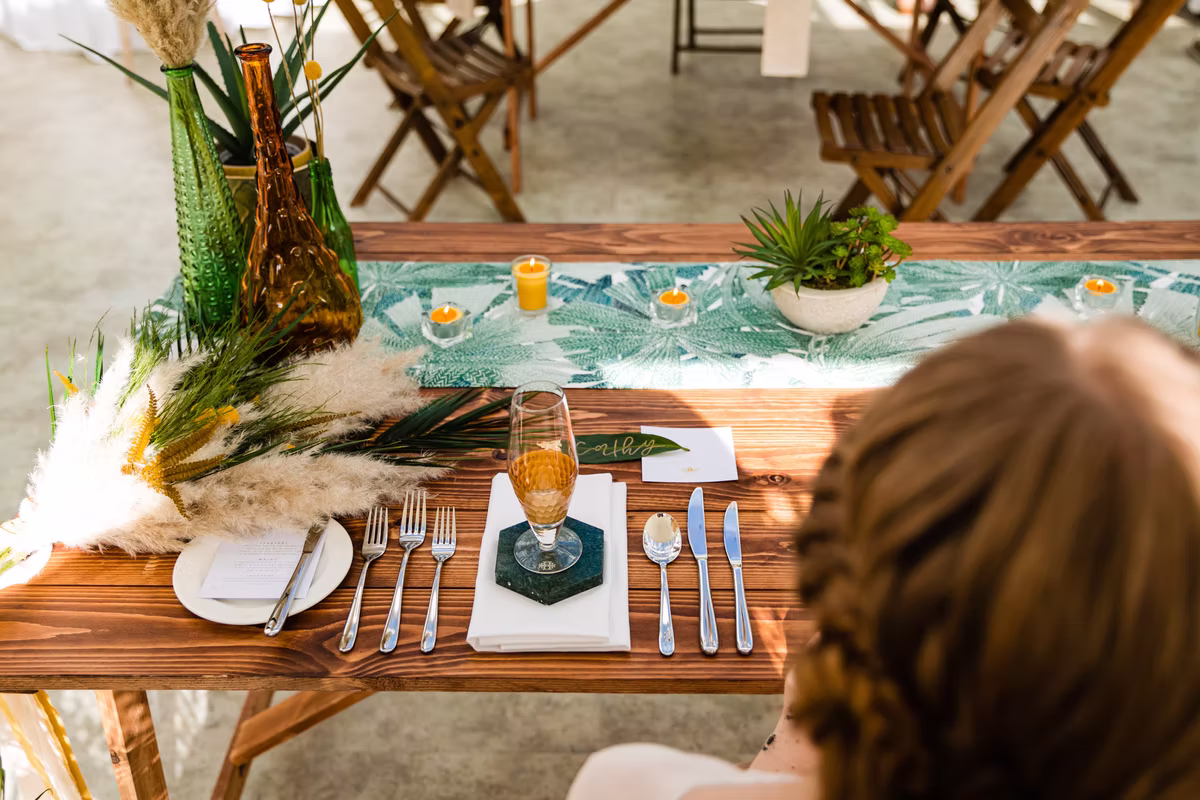 Natural textures, greenery and place settings at the Hayne House sustainability styled shoot